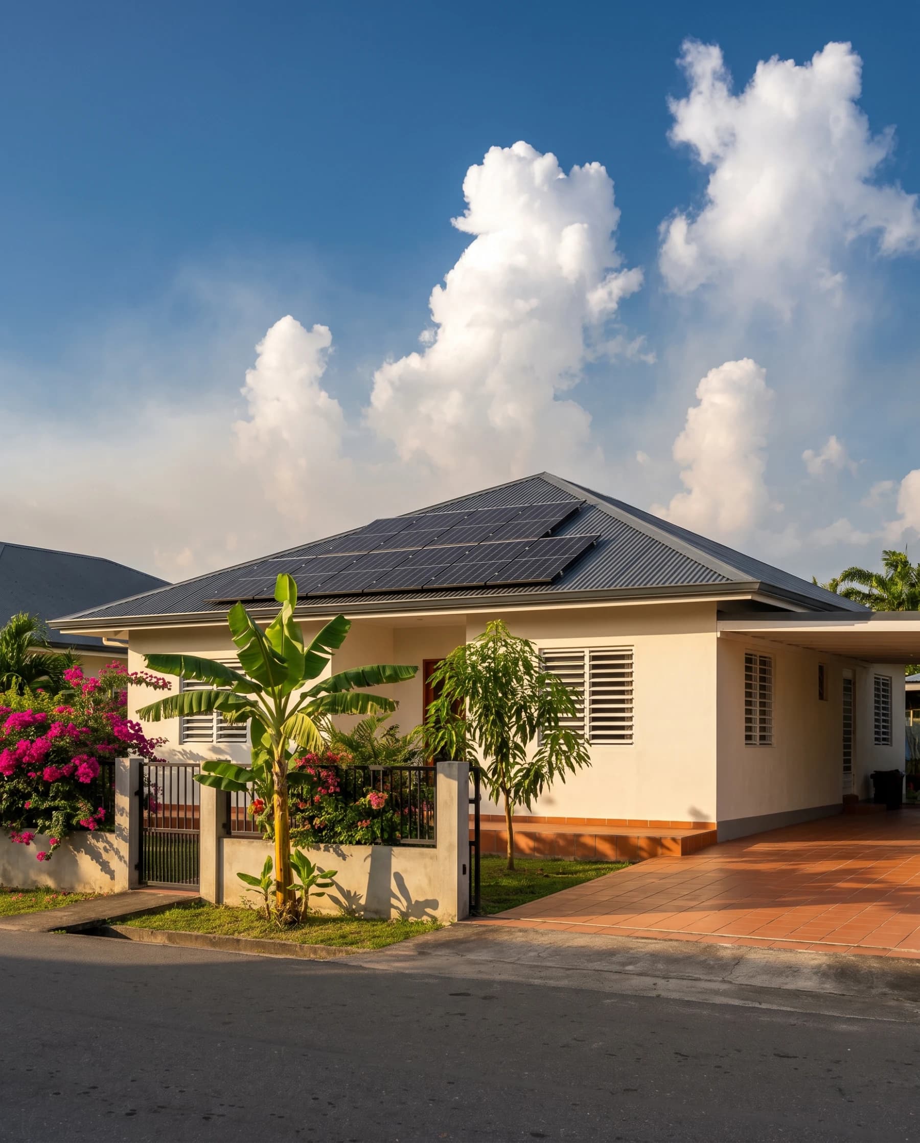 Woning in Paramaribo met zwarte glas-glas zonnepanelen op het zinken dak